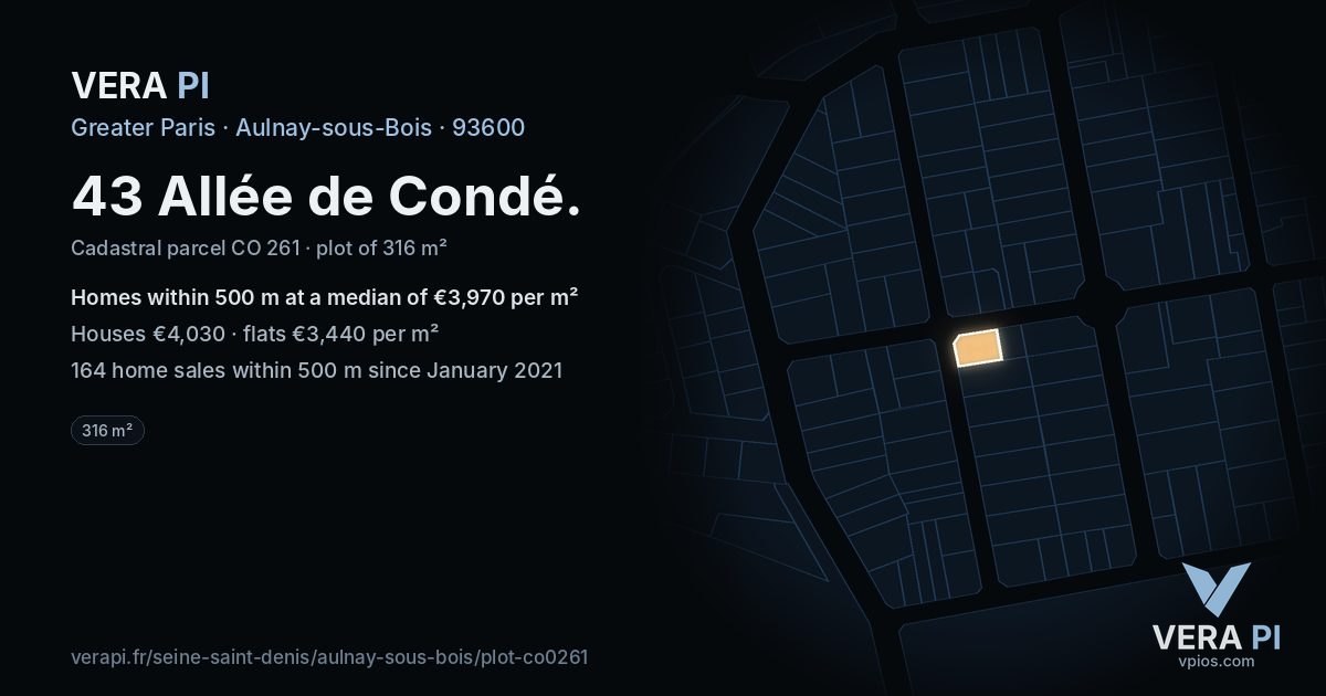 43 Allée de Condé, Aulnay-sous-Bois at night – the plot lit, the parcels around coloured by the prices near them