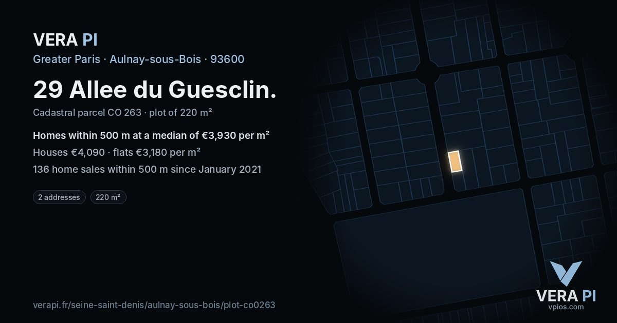29 Allee du Guesclin, Aulnay-sous-Bois at night – the plot lit, the parcels around coloured by the prices near them