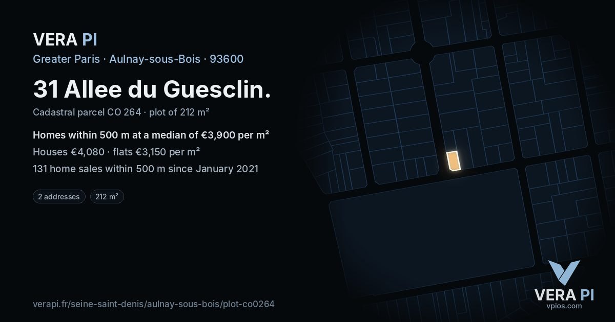 31 Allee du Guesclin, Aulnay-sous-Bois at night – the plot lit, the parcels around coloured by the prices near them