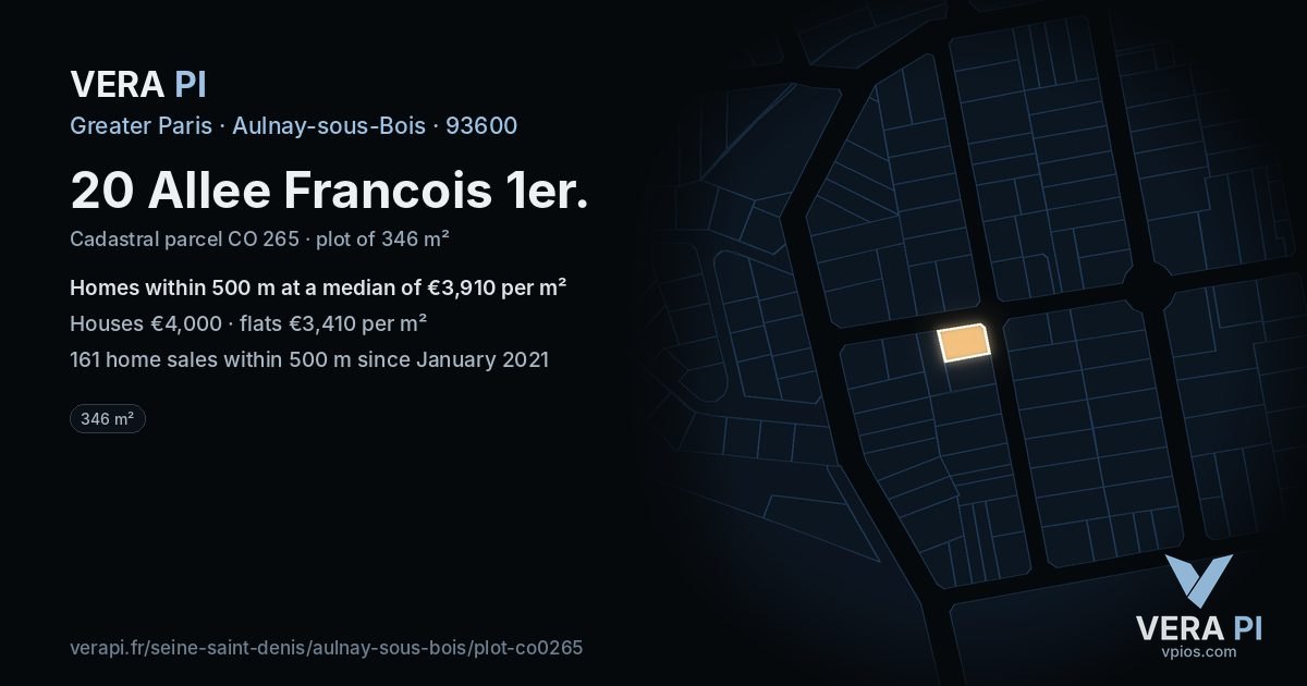 20 Allee Francois 1er, Aulnay-sous-Bois at night – the plot lit, the parcels around coloured by the prices near them