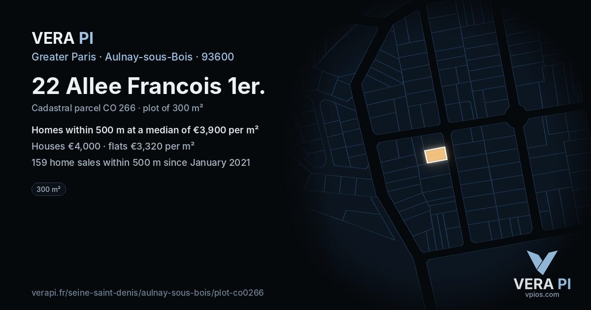 22 Allee Francois 1er, Aulnay-sous-Bois at night – the plot lit, the parcels around coloured by the prices near them