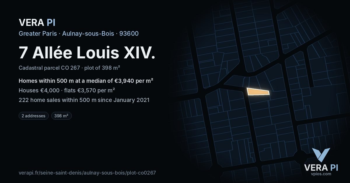 7 Allée Louis XIV, Aulnay-sous-Bois at night – the plot lit, the parcels around coloured by the prices near them