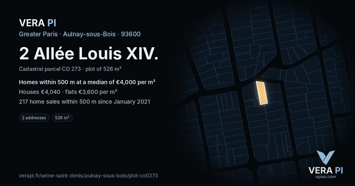 2 Allée Louis XIV, Aulnay-sous-Bois at night – the plot lit, the parcels around coloured by the prices near them