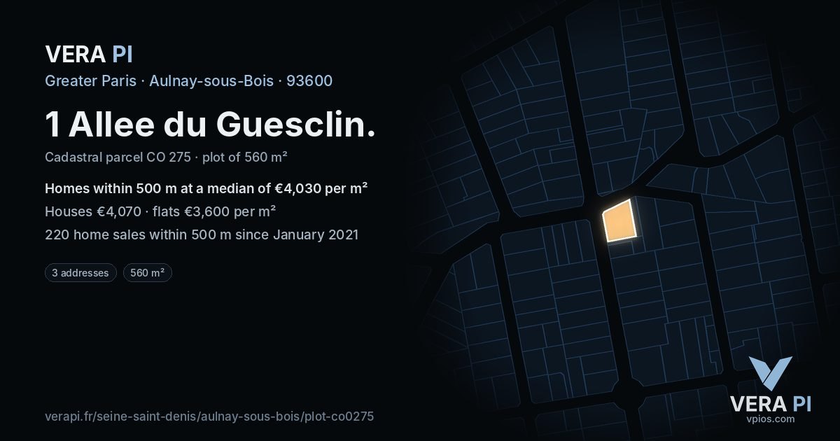 1 Allee du Guesclin, Aulnay-sous-Bois at night – the plot lit, the parcels around coloured by the prices near them