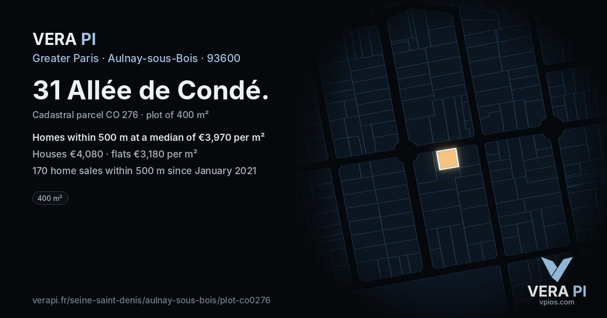 31 Allée de Condé, Aulnay-sous-Bois at night – the plot lit, the parcels around coloured by the prices near them