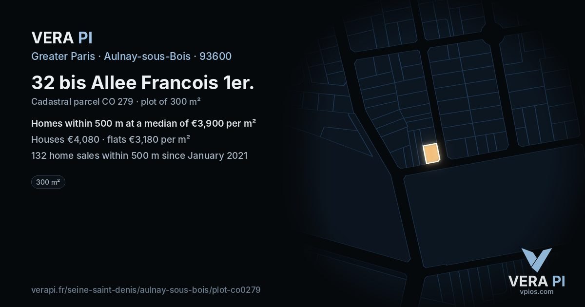 32 bis Allee Francois 1er, Aulnay-sous-Bois at night – the plot lit, the parcels around coloured by the prices near them