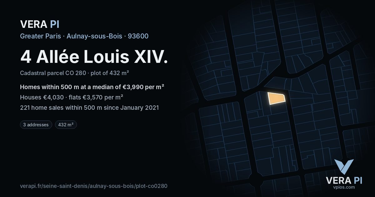 4 Allée Louis XIV, Aulnay-sous-Bois at night – the plot lit, the parcels around coloured by the prices near them