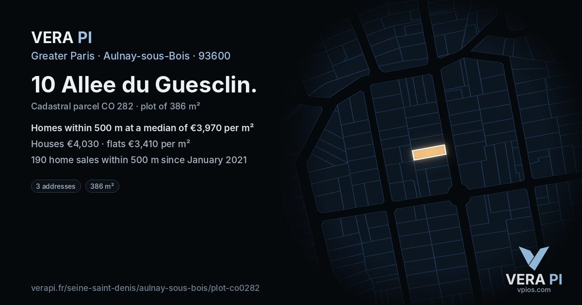 10 Allee du Guesclin, Aulnay-sous-Bois at night – the plot lit, the parcels around coloured by the prices near them