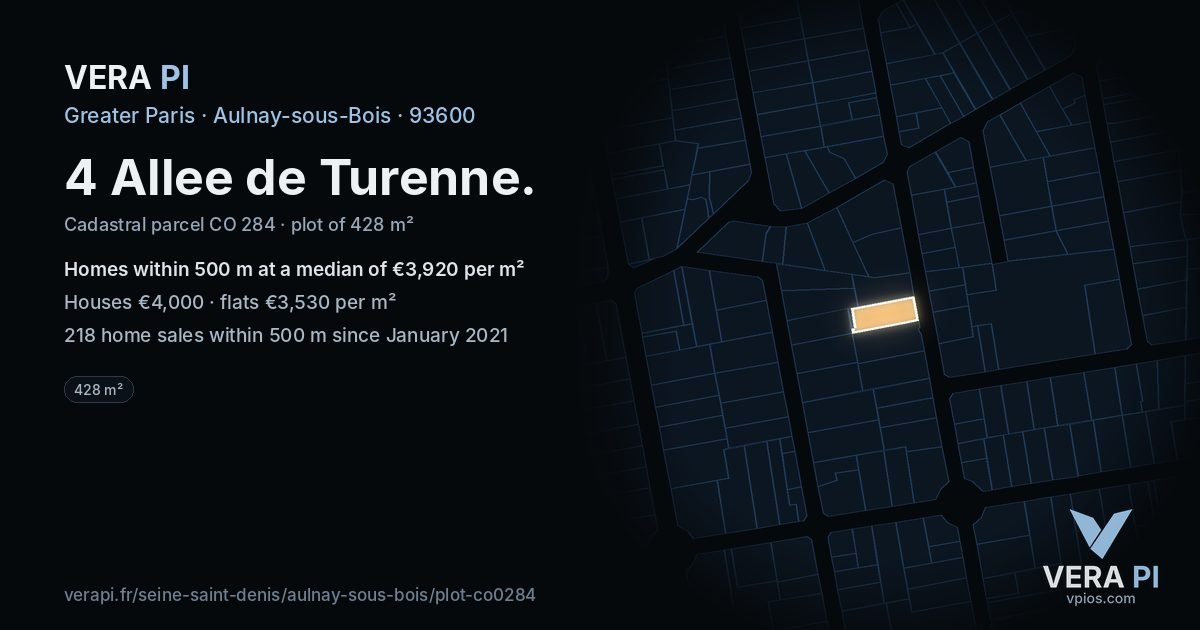 4 Allee de Turenne, Aulnay-sous-Bois at night – the plot lit, the parcels around coloured by the prices near them