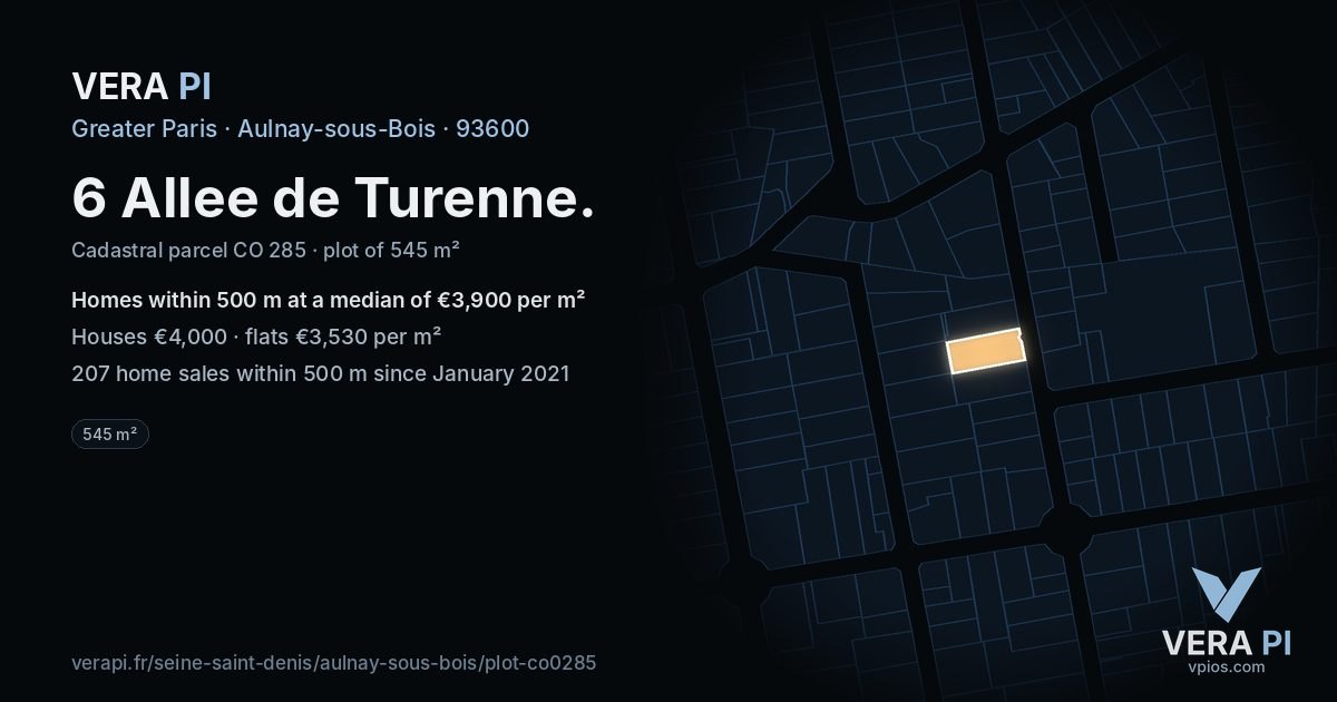6 Allee de Turenne, Aulnay-sous-Bois at night – the plot lit, the parcels around coloured by the prices near them