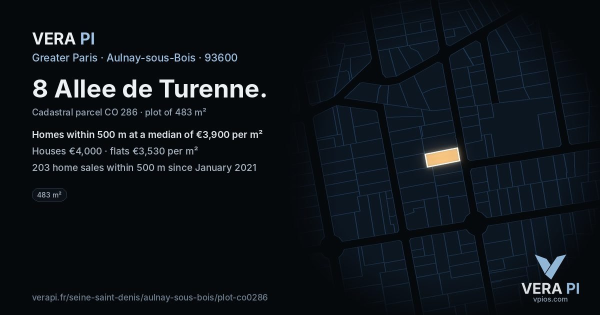 8 Allee de Turenne, Aulnay-sous-Bois at night – the plot lit, the parcels around coloured by the prices near them