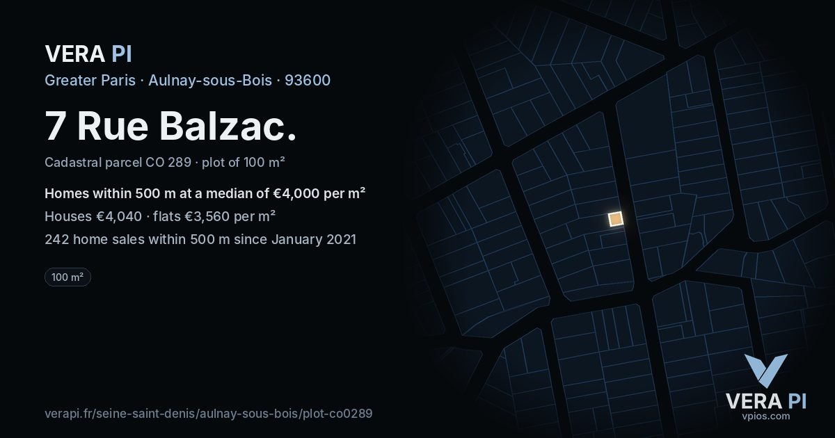 7 Rue Balzac, Aulnay-sous-Bois at night – the plot lit, the parcels around coloured by the prices near them