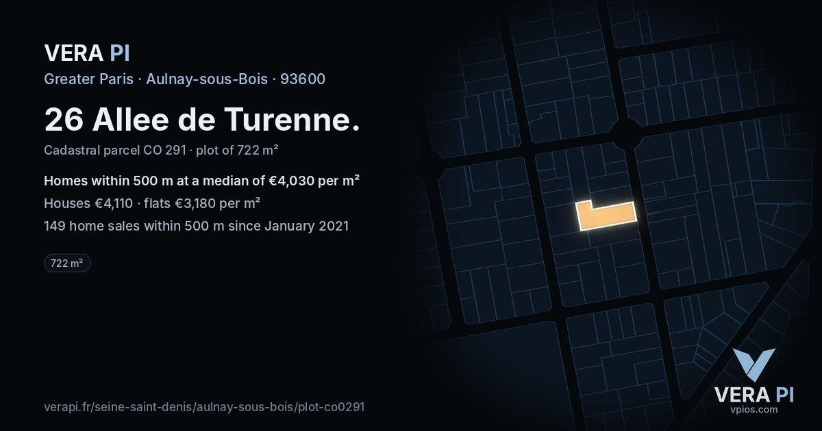 26 Allee de Turenne, Aulnay-sous-Bois at night – the plot lit, the parcels around coloured by the prices near them