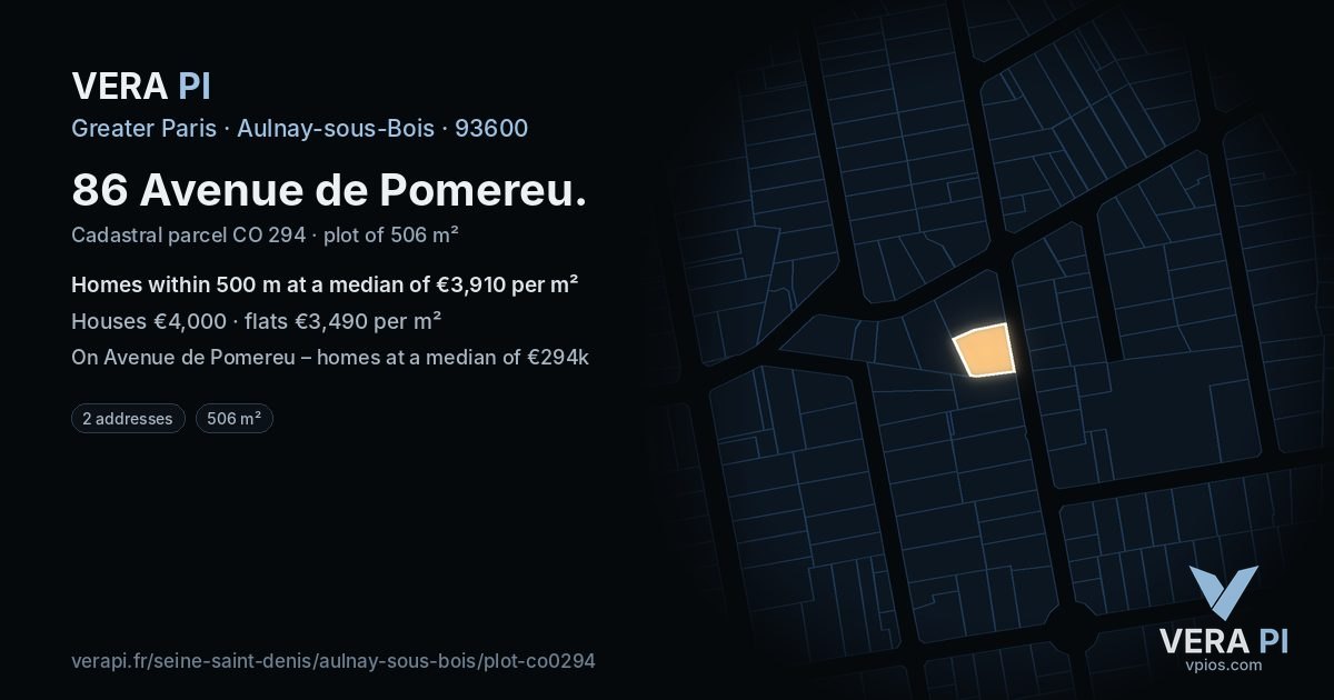 86 Avenue de Pomereu, Aulnay-sous-Bois at night – the plot lit, the parcels around coloured by the prices near them