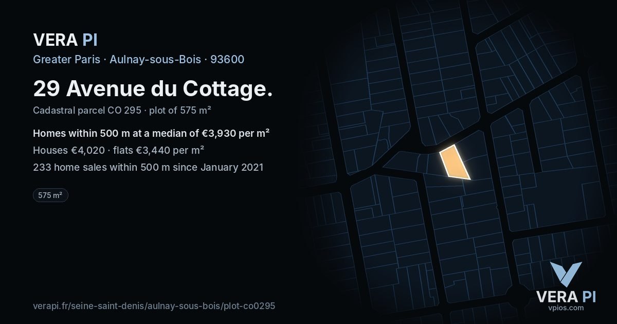 29 Avenue du Cottage, Aulnay-sous-Bois at night – the plot lit, the parcels around coloured by the prices near them