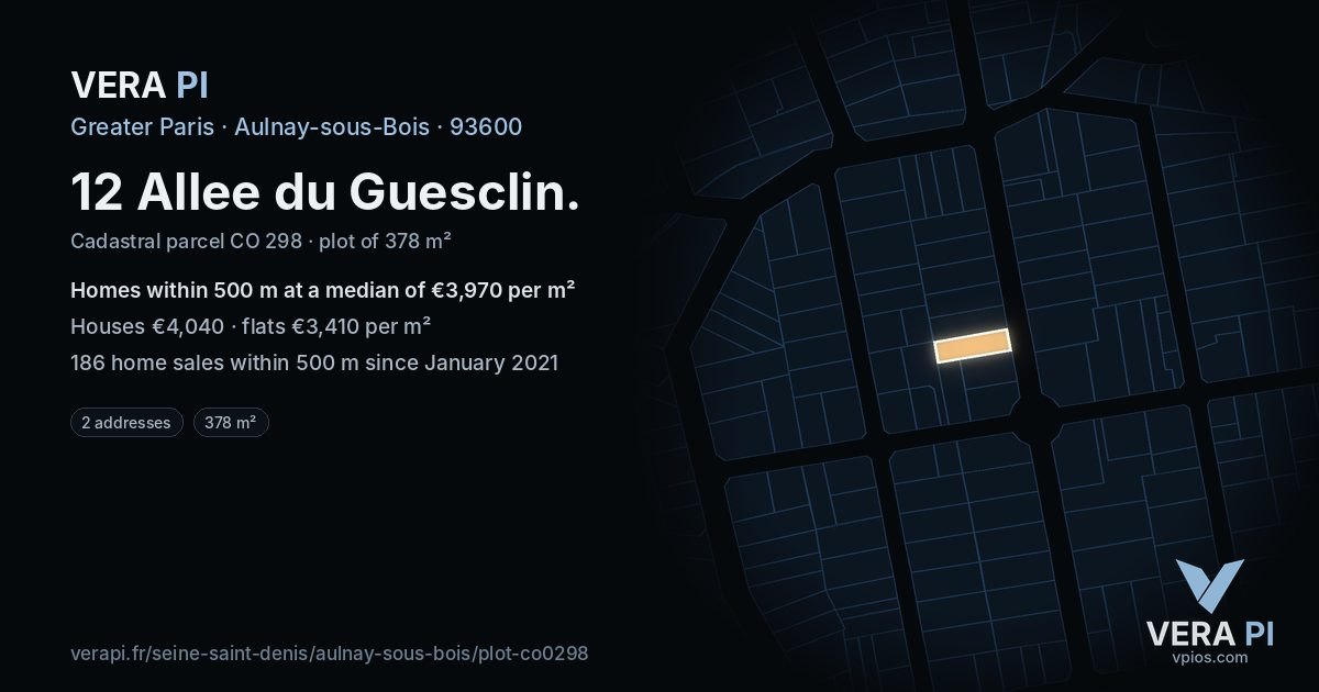 12 Allee du Guesclin, Aulnay-sous-Bois at night – the plot lit, the parcels around coloured by the prices near them