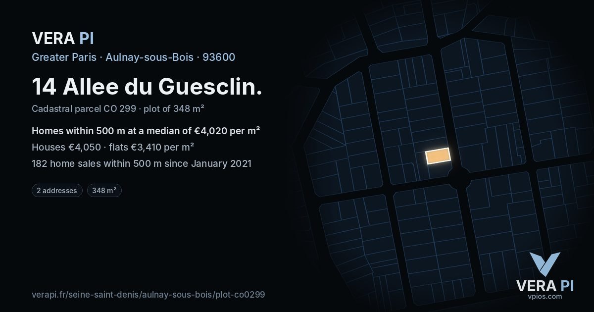 14 Allee du Guesclin, Aulnay-sous-Bois at night – the plot lit, the parcels around coloured by the prices near them