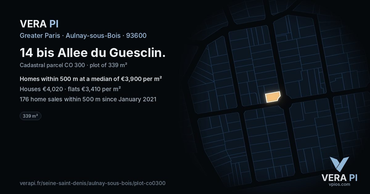 14 bis Allee du Guesclin, Aulnay-sous-Bois at night – the plot lit, the parcels around coloured by the prices near them