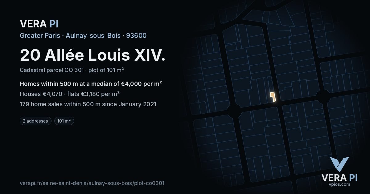 20 Allée Louis XIV, Aulnay-sous-Bois at night – the plot lit, the parcels around coloured by the prices near them