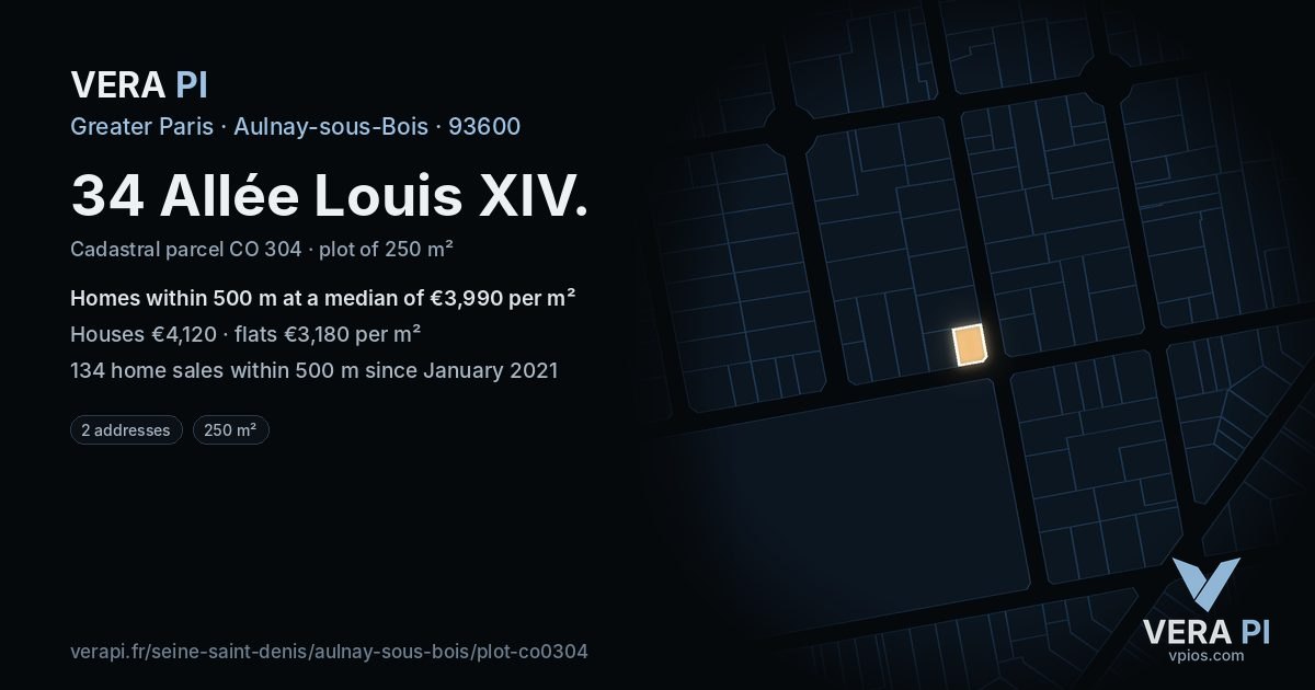 34 Allée Louis XIV, Aulnay-sous-Bois at night – the plot lit, the parcels around coloured by the prices near them