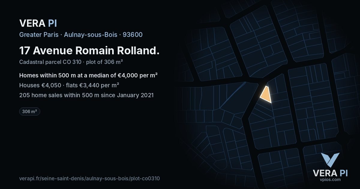 17 Avenue Romain Rolland, Aulnay-sous-Bois at night – the plot lit, the parcels around coloured by the prices near them