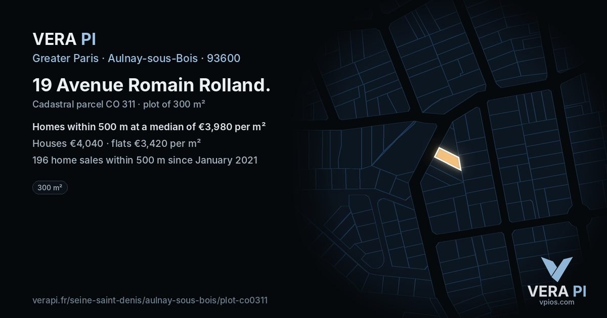 19 Avenue Romain Rolland, Aulnay-sous-Bois at night – the plot lit, the parcels around coloured by the prices near them