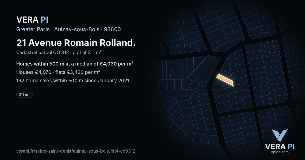 21 Avenue Romain Rolland, Aulnay-sous-Bois at night – the plot lit, the parcels around coloured by the prices near them