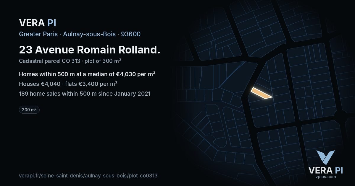 23 Avenue Romain Rolland, Aulnay-sous-Bois at night – the plot lit, the parcels around coloured by the prices near them