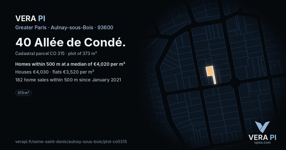 40 Allée de Condé, Aulnay-sous-Bois at night – the plot lit, the parcels around coloured by the prices near them