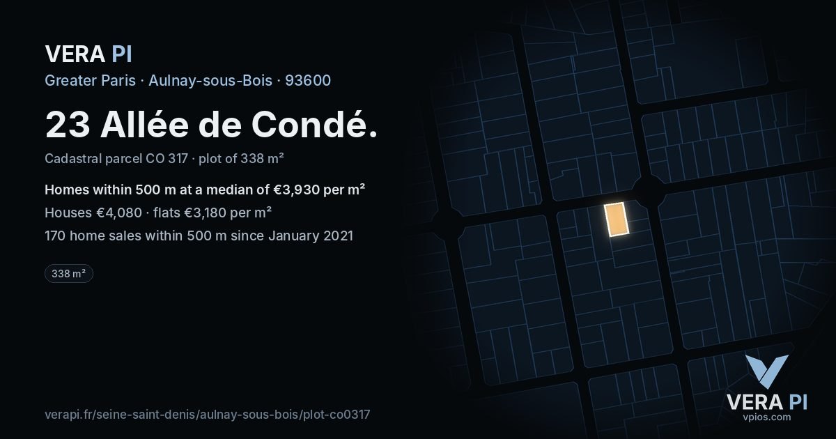 23 Allée de Condé, Aulnay-sous-Bois at night – the plot lit, the parcels around coloured by the prices near them