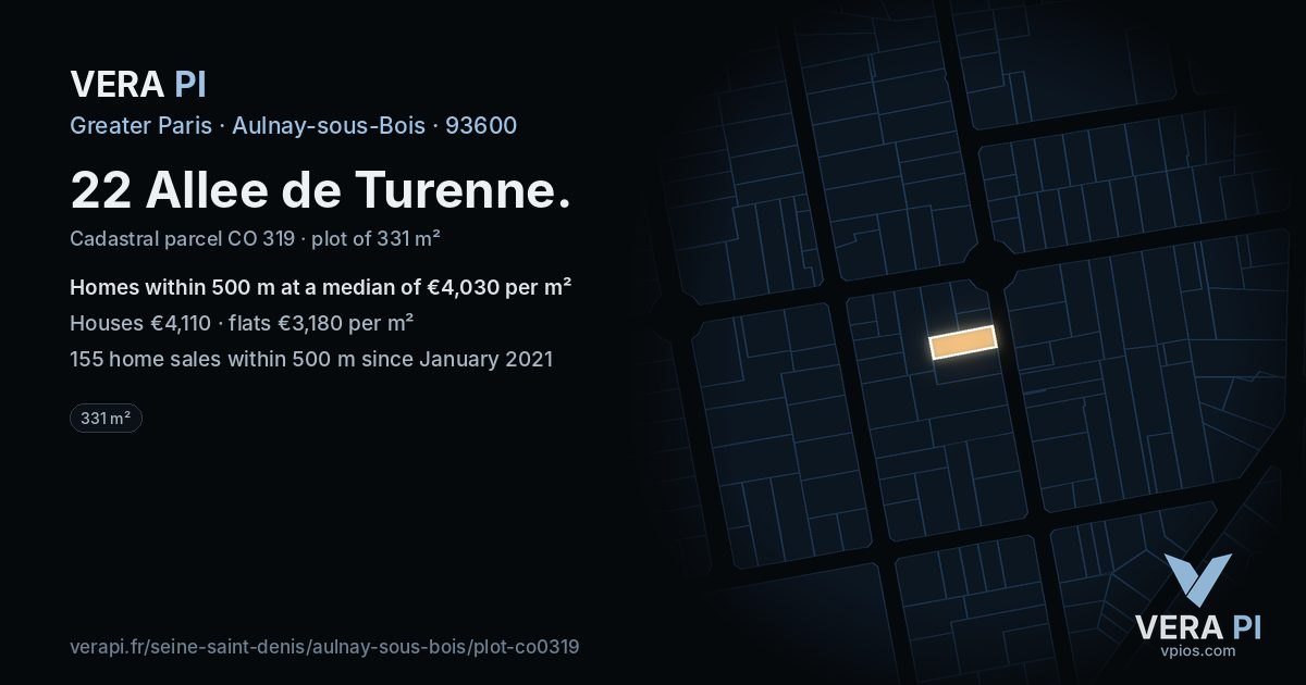 22 Allee de Turenne, Aulnay-sous-Bois at night – the plot lit, the parcels around coloured by the prices near them
