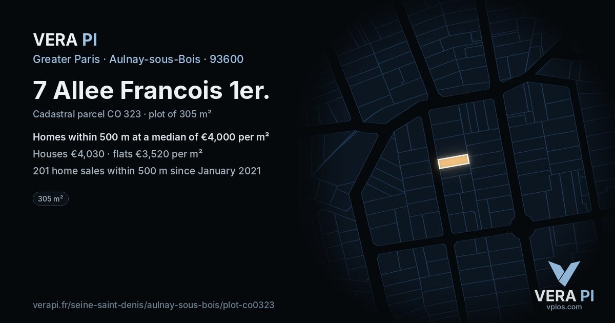 7 Allee Francois 1er, Aulnay-sous-Bois at night – the plot lit, the parcels around coloured by the prices near them