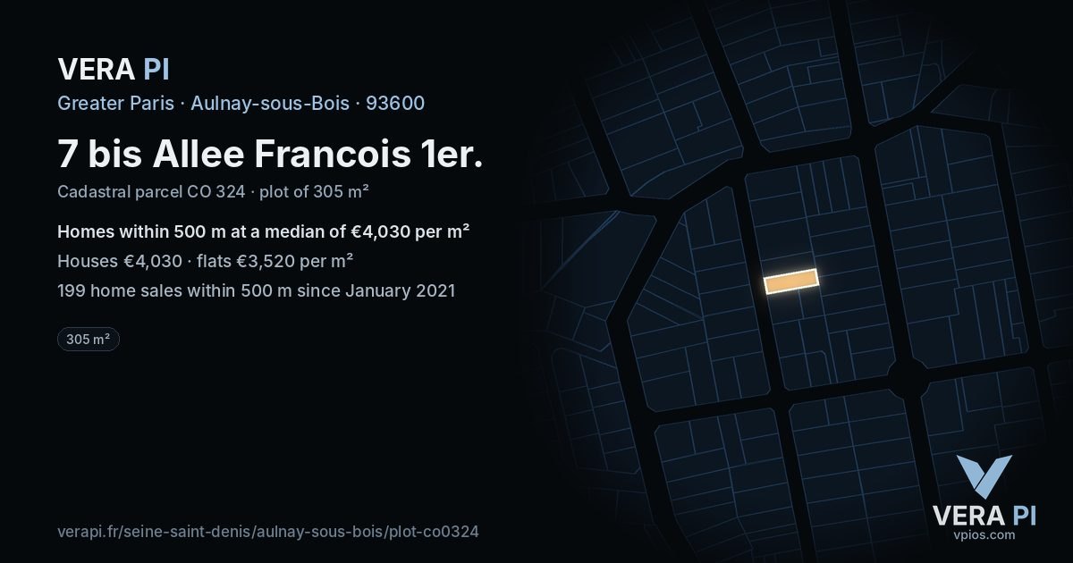 7 bis Allee Francois 1er, Aulnay-sous-Bois at night – the plot lit, the parcels around coloured by the prices near them