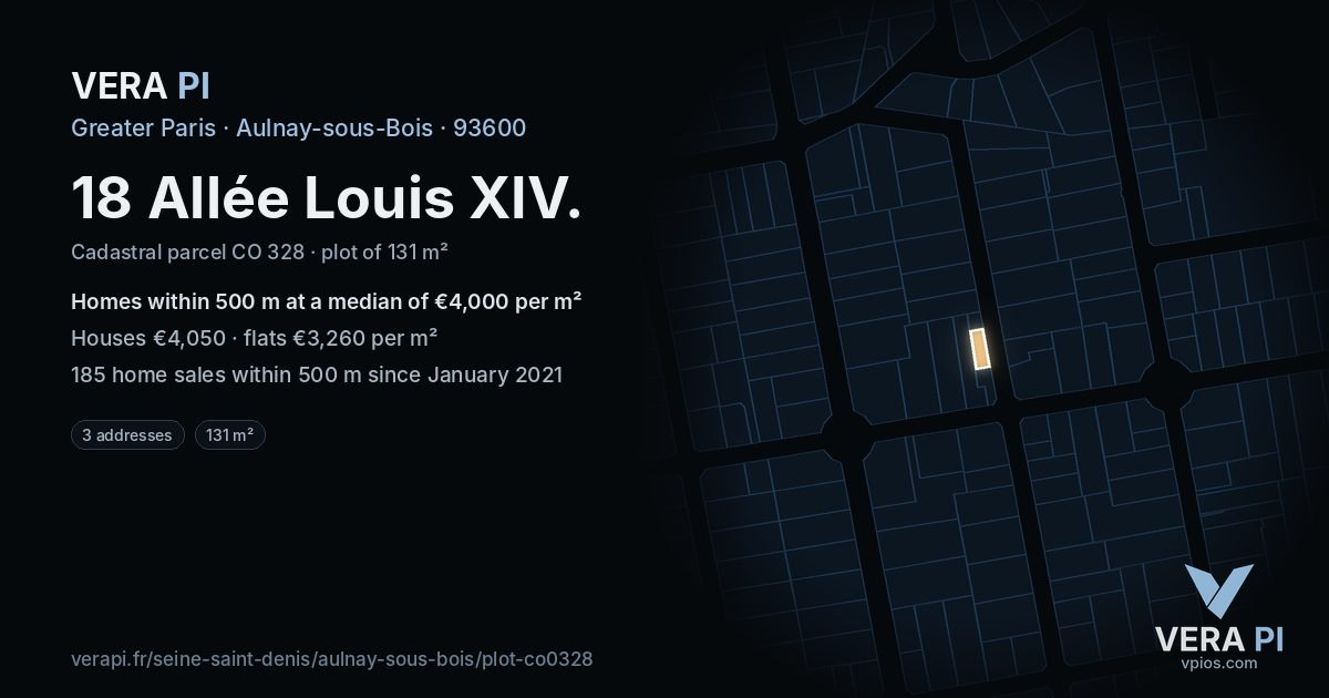 18 Allée Louis XIV, Aulnay-sous-Bois at night – the plot lit, the parcels around coloured by the prices near them