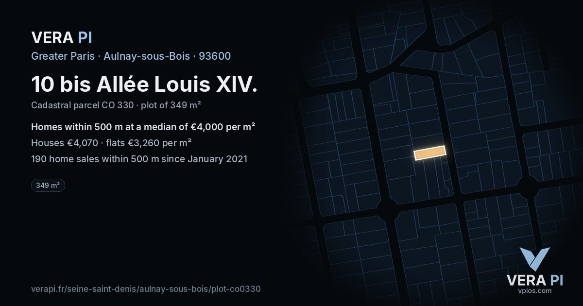 10 bis Allée Louis XIV, Aulnay-sous-Bois at night – the plot lit, the parcels around coloured by the prices near them
