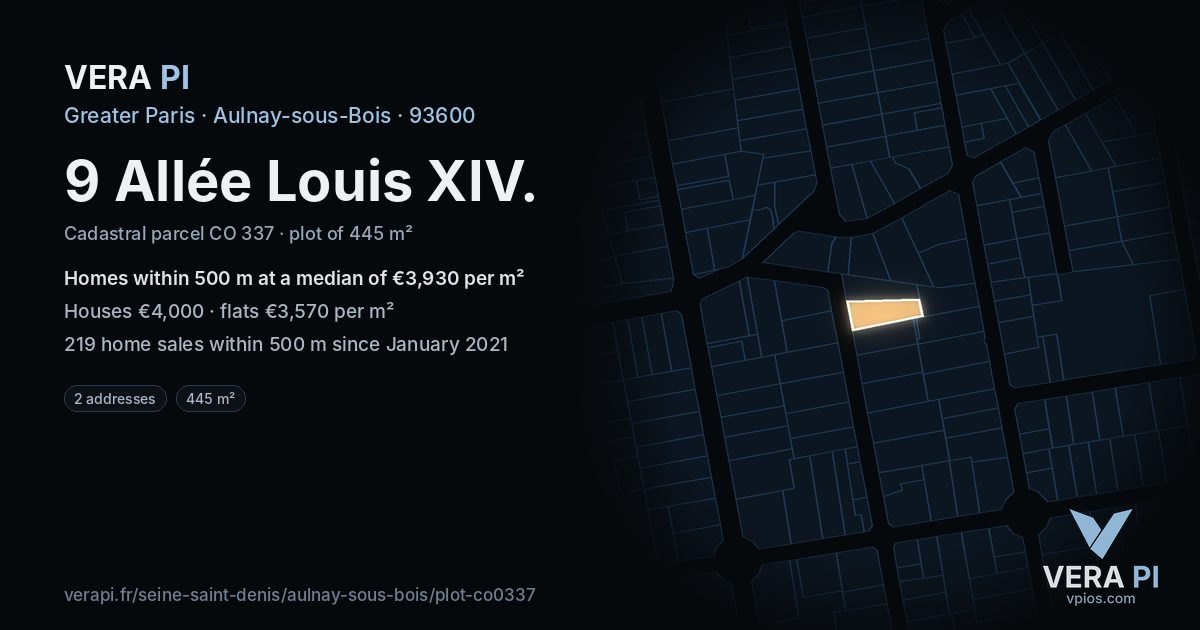 9 Allée Louis XIV, Aulnay-sous-Bois at night – the plot lit, the parcels around coloured by the prices near them