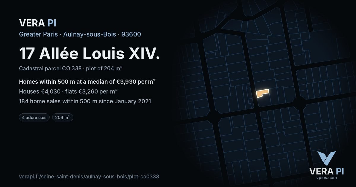 17 Allée Louis XIV, Aulnay-sous-Bois at night – the plot lit, the parcels around coloured by the prices near them
