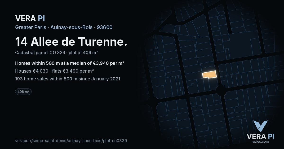 14 Allee de Turenne, Aulnay-sous-Bois at night – the plot lit, the parcels around coloured by the prices near them
