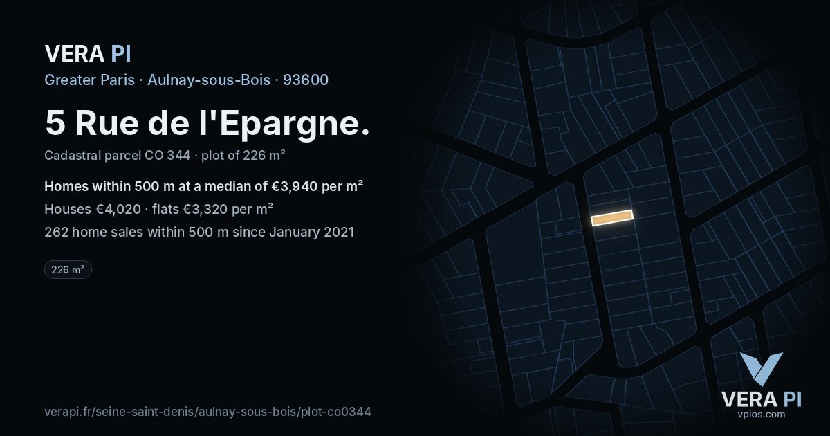 5 Rue de l'Epargne, Aulnay-sous-Bois at night – the plot lit, the parcels around coloured by the prices near them