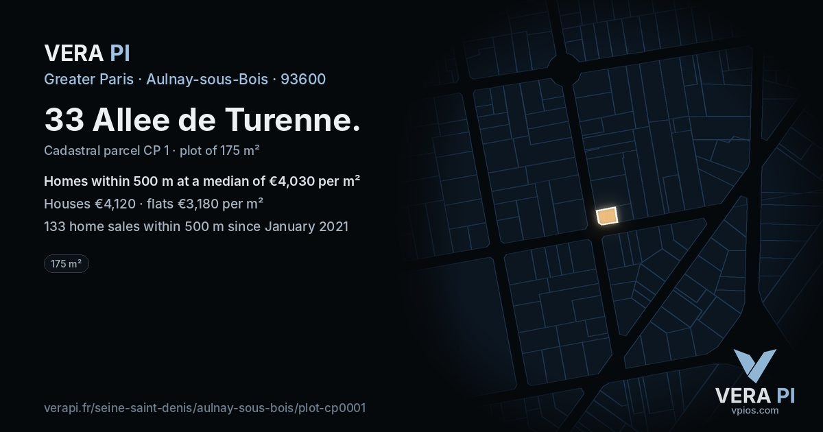 33 Allee de Turenne, Aulnay-sous-Bois at night – the plot lit, the parcels around coloured by the prices near them