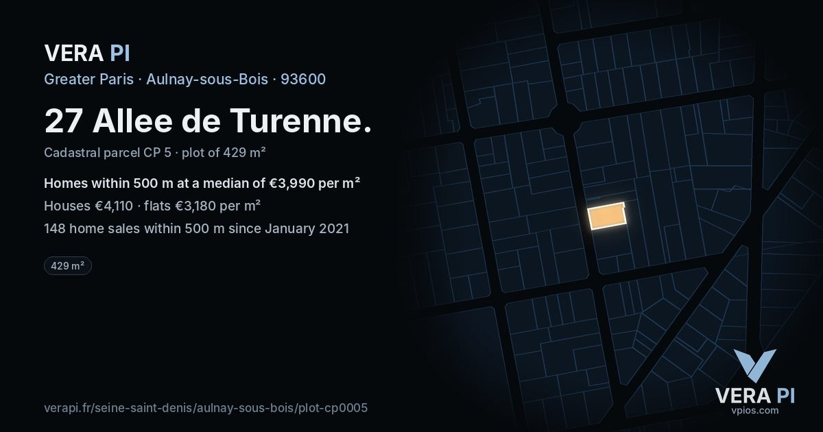 27 Allee de Turenne, Aulnay-sous-Bois at night – the plot lit, the parcels around coloured by the prices near them