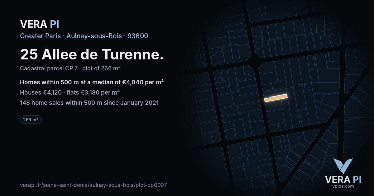 25 Allee de Turenne, Aulnay-sous-Bois at night – the plot lit, the parcels around coloured by the prices near them