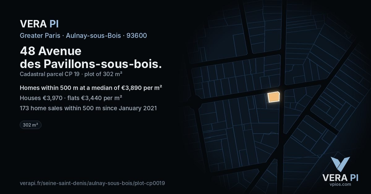 48 Avenue des Pavillons-sous-bois, Aulnay-sous-Bois at night – the plot lit, the parcels around coloured by the prices near them