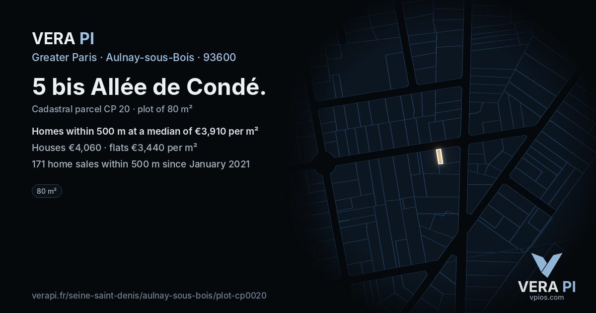 5 bis Allée de Condé, Aulnay-sous-Bois at night – the plot lit, the parcels around coloured by the prices near them