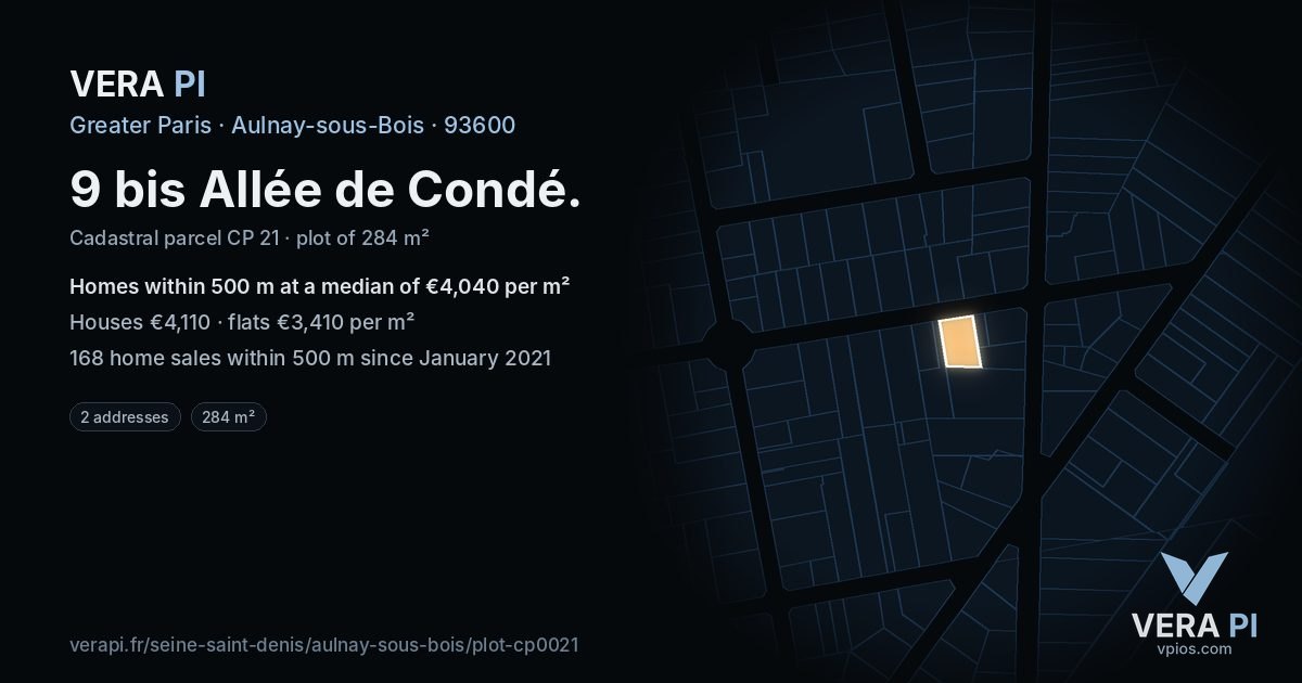 9 bis Allée de Condé, Aulnay-sous-Bois at night – the plot lit, the parcels around coloured by the prices near them
