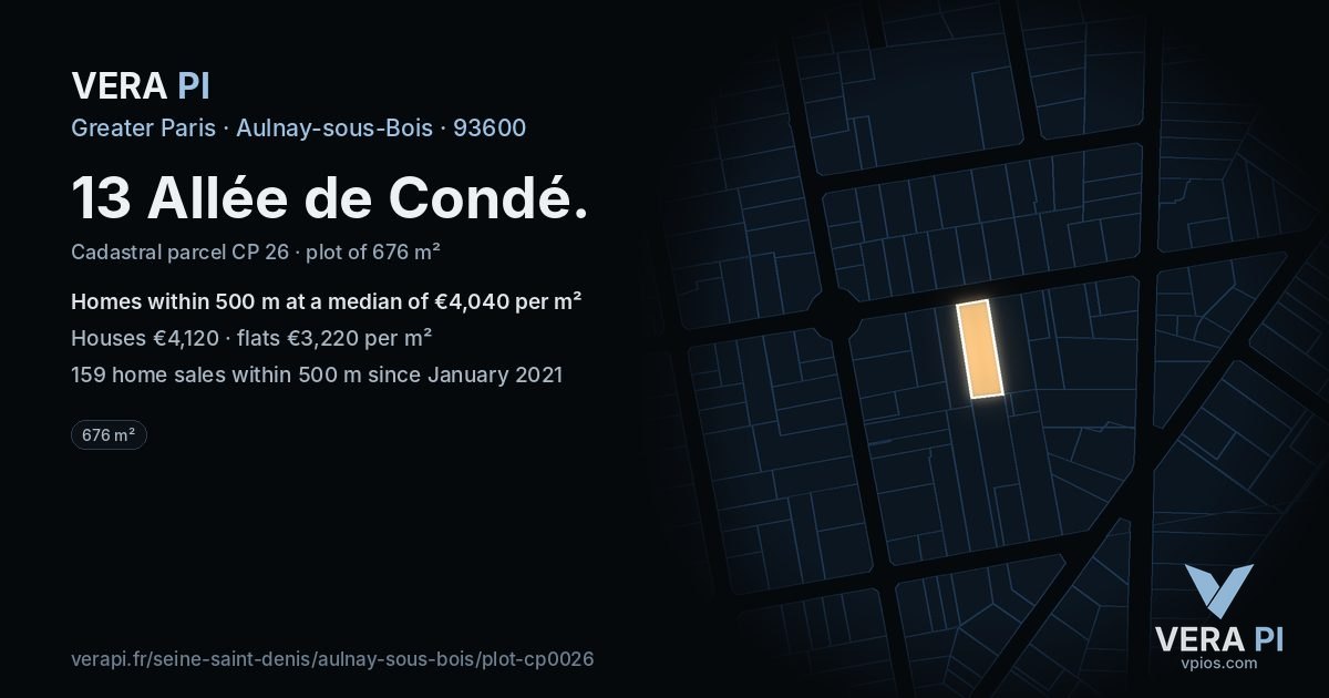 13 Allée de Condé, Aulnay-sous-Bois at night – the plot lit, the parcels around coloured by the prices near them