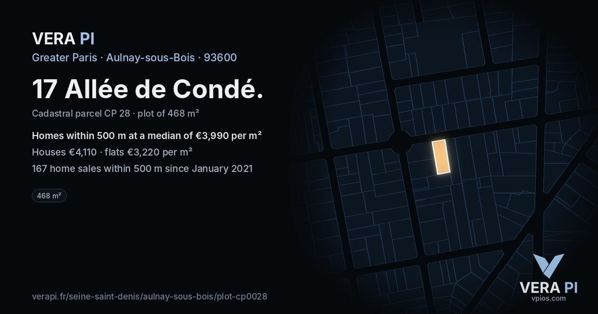17 Allée de Condé, Aulnay-sous-Bois at night – the plot lit, the parcels around coloured by the prices near them