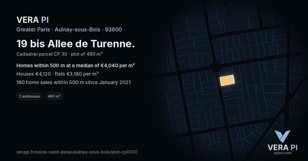 19 bis Allee de Turenne, Aulnay-sous-Bois at night – the plot lit, the parcels around coloured by the prices near them