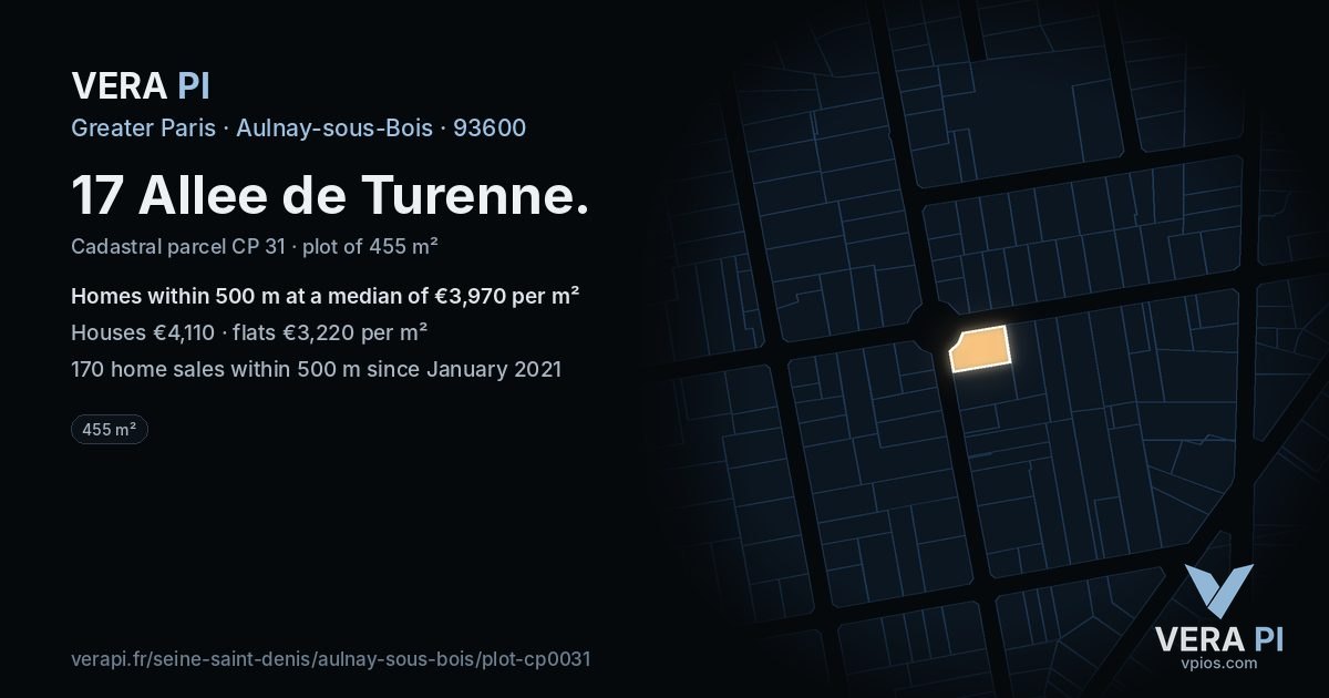17 Allee de Turenne, Aulnay-sous-Bois at night – the plot lit, the parcels around coloured by the prices near them