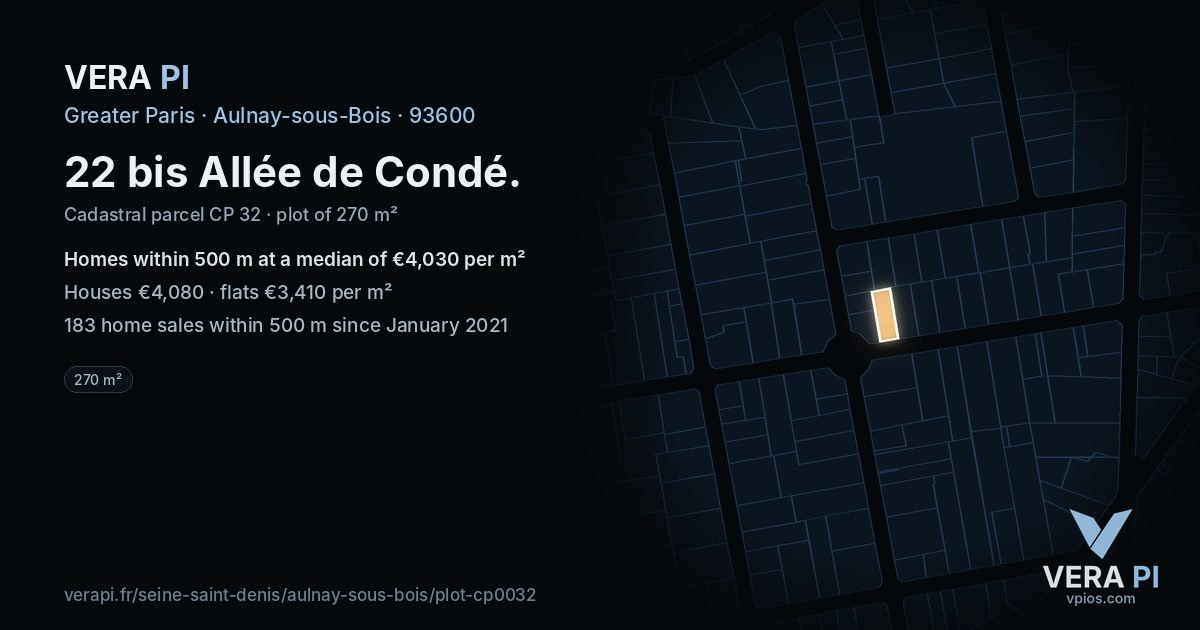 22 bis Allée de Condé, Aulnay-sous-Bois at night – the plot lit, the parcels around coloured by the prices near them